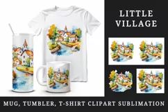 Watercolor quaint little village colorful houses and a stream landscape 20 oz tumbler skinny mug wrap clipart t-shirt sublimation printable design