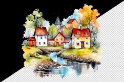 Watercolor quaint little village with colorful houses and stream landscape 20 oz tumbler skinny mug wrap clipart t-shirt sublimation printable design