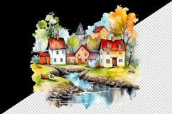 Watercolor quaint little village with colorful houses and stream landscape 20 oz tumbler skinny mug wrap clipart t-shirt sublimation printable design