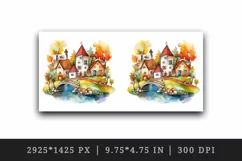 Watercolor quaint little village with colorful houses and stream landscape 20 oz tumbler skinny mug wrap clipart t-shirt sublimation printable design