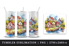 Watercolor quaint little village with colorful houses and stream landscape 20 oz tumbler skinny mug wrap clipart t-shirt sublimation printable design