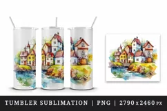Watercolor quaint little village with colorful houses and stream landscape 20 oz tumbler skinny mug wrap clipart t-shirt sublimation printable design