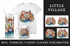 Watercolor quaint little village with colorful houses and stream landscape 20 oz tumbler skinny mug wrap clipart t-shirt sublimation printable design