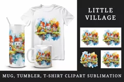 Watercolor quaint little village with colorful houses and stream landscape 20 oz tumbler skinny mug wrap clipart t-shirt sublimation printable design
