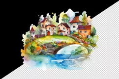 Watercolor quaint little village with colorful houses and stream landscape 20 oz tumbler skinny mug wrap clipart t-shirt sublimation printable design