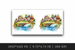 Watercolor quaint little village with colorful houses and stream landscape 20 oz tumbler skinny mug wrap clipart t-shirt sublimation printable design