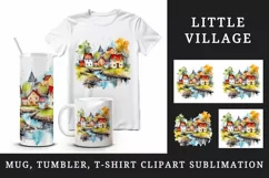 Watercolor quaint little village with colorful houses and stream landscape 20 oz tumbler skinny mug wrap clipart t-shirt sublimation printable design