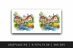 Watercolor quaint little village with colorful houses and stream landscape 20 oz tumbler skinny mug wrap clipart t-shirt sublimation printable design