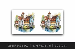 Watercolor quaint little village with colorful houses and stream landscape 20 oz tumbler skinny mug wrap clipart t-shirt sublimation printable design