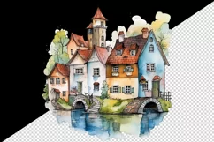Watercolor quaint little village with colorful houses and stream landscape 20 oz tumbler skinny mug wrap clipart t-shirt sublimation printable design