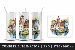 Watercolor quaint little village with colorful houses and stream landscape 20 oz tumbler skinny mug wrap clipart t-shirt sublimation printable design