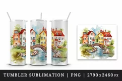 Watercolor quaint little village with colorful houses and stream landscape 20 oz tumbler skinny mug wrap clipart t-shirt sublimation printable design