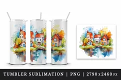Watercolor quaint little village with colorful houses and stream landscape 20 oz tumbler skinny mug wrap clipart t-shirt sublimation printable design