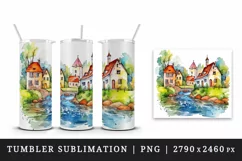 Watercolor quaint little village with colorful houses and stream landscape 20 oz tumbler skinny mug wrap clipart t-shirt sublimation printable design