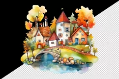 Watercolor quaint little village with colorful houses and stream landscape 20 oz tumbler skinny mug wrap clipart t-shirt sublimation printable design