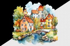 Watercolor quaint little village with colorful houses and stream landscape 20 oz tumbler skinny mug wrap clipart t-shirt sublimation printable design