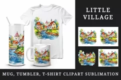 Watercolor quaint little village with colorful houses and stream landscape 20 oz tumbler skinny mug wrap clipart t-shirt sublimation printable design
