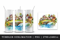 Watercolor quaint little village with colorful houses and stream landscape 20 oz tumbler skinny mug wrap clipart t-shirt sublimation printable design