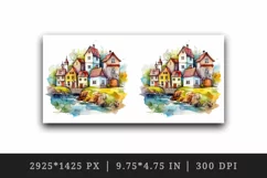 Watercolor quaint little village with colorful houses and stream landscape 20 oz tumbler skinny mug wrap clipart t-shirt sublimation printable design