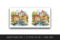 Watercolor quaint little village with colorful houses and stream landscape 20 oz tumbler skinny mug wrap clipart t-shirt sublimation printable design