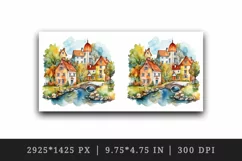 Watercolor quaint little village with colorful houses and stream landscape 20 oz tumbler skinny mug wrap clipart t-shirt sublimation printable design
