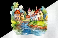 Watercolor quaint little village with colorful houses and stream landscape 20 oz tumbler skinny mug wrap clipart t-shirt sublimation printable design