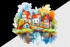 Watercolor quaint little village with colorful houses and stream landscape 20 oz tumbler skinny mug wrap clipart t-shirt sublimation printable design