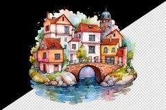 Watercolor quaint little village with colorful houses and stream landscape 20 oz tumbler skinny mug wrap clipart t-shirt sublimation printable design