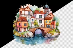 Watercolor quaint little village with colorful houses and stream landscape 20 oz tumbler skinny mug wrap clipart t-shirt sublimation printable design