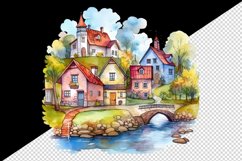 Watercolor quaint little village with colorful houses and stream landscape 20 oz tumbler skinny mug wrap clipart t-shirt sublimation printable design