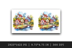 Watercolor quaint little village with colorful houses and stream landscape 20 oz tumbler skinny mug wrap clipart t-shirt sublimation printable design