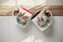 Watercolor quaint little village with colorful houses and stream landscape 20 oz tumbler skinny mug wrap clipart t-shirt sublimation printable design