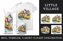 Watercolor quaint little village with colorful houses and stream landscape 20 oz tumbler skinny mug wrap clipart t-shirt sublimation printable design