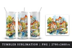 Watercolor quaint little village with colorful houses and stream landscape 20 oz tumbler skinny mug wrap clipart t-shirt sublimation printable design