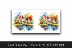 Watercolor quaint little village with colorful houses and stream landscape 20 oz tumbler skinny mug wrap clipart t-shirt sublimation printable design