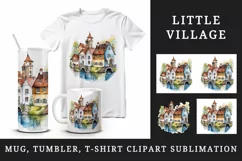 Watercolor quaint little village with colorful houses and stream landscape 20 oz tumbler skinny mug wrap clipart t-shirt sublimation printable design