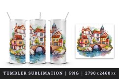 Watercolor quaint little village with colorful houses and stream landscape 20 oz tumbler skinny mug wrap clipart t-shirt sublimation printable design