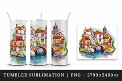 Watercolor quaint little village with colorful houses and stream landscape 20 oz tumbler skinny mug wrap clipart t-shirt sublimation printable design