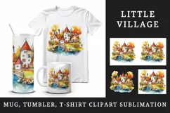 Watercolor quaint little village with colorful houses and stream landscape 20 oz tumbler skinny mug wrap clipart t-shirt sublimation printable design