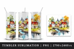 Watercolor quaint little village with colorful houses and stream landscape 20 oz tumbler skinny mug wrap clipart t-shirt sublimation printable design