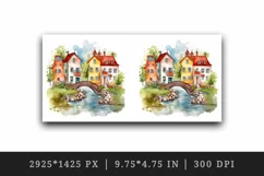 Watercolor quaint little village with colorful houses and stream landscape 20 oz tumbler skinny mug wrap clipart t-shirt sublimation printable design