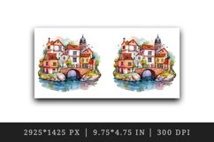 Watercolor quaint little village with colorful houses and stream landscape 20 oz tumbler skinny mug wrap clipart t-shirt sublimation printable design