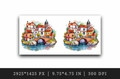 Watercolor quaint little village with colorful houses and stream landscape 20 oz tumbler skinny mug wrap clipart t-shirt sublimation printable design