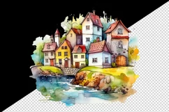 Watercolor quaint little village with colorful houses and stream landscape 20 oz tumbler skinny mug wrap clipart t-shirt sublimation printable design