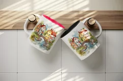 Watercolor quaint little village with colorful houses and stream landscape 20 oz tumbler skinny mug wrap clipart t-shirt sublimation printable design