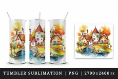 Watercolor quaint little village with colorful houses and stream landscape 20 oz tumbler skinny mug wrap clipart t-shirt sublimation printable design