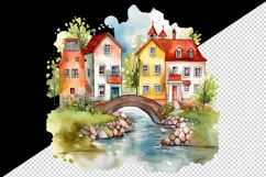 Watercolor quaint little village with colorful houses and stream landscape 20 oz tumbler skinny mug wrap clipart t-shirt sublimation printable design