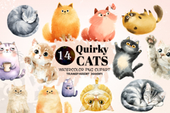 Watercolor Quirky Cat Characters Clipart Pack Product Image 1