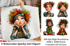Watercolor Quirky Girl Clipart Product Image 1