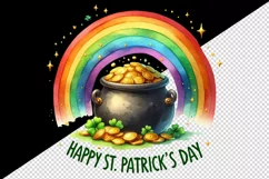 Watercolor rainbow clover pot of gold coins Happy St Patrick Day quote print 20oz tumbler skinny mug wrap clipart t-shirt sublimation printable design